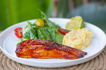 Asian style marinated Salmon on the plate.