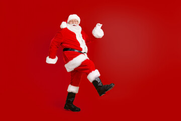 Full length body size view of his he nice funny cheerful cheery thick white-haired Santa St...