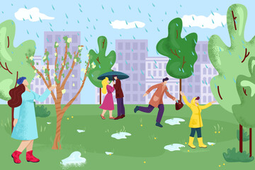 Rain in city park, people character use umbrella, vector illustration. Autumn outdoor walk, young cartoon man woman at season nature