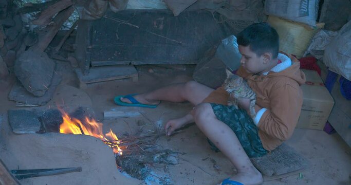 A young teenager sitting with the cat warming her in the cold winters. High-quality apple prores 4k footage 60fps. 
