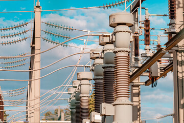 Current and voltage converter for an electrical substation. Dielectric insulator close-up....