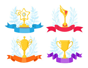 Trophy award with ribbon decoration set, vector illustration. Success victory, prize cup reward for champion winner. Win sport competition