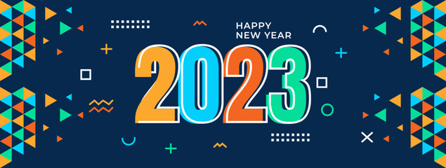 Happy New Year 2023 Greeting banner logo design illustration, Creative and Colorful 2023 new year vector typography banner, with modern abstract geometric design and background in retro style