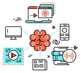 Studying concept. Video seminar and book stacks. Smart learning