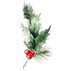 Watercolor Christmas bouquet of pine branch, red berries and leaves. Hand painted holiday composition of plants isolated on white background. Illustration for design, print, fabric or background. - 549241847