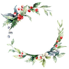 Watercolor Christmas round frame of red berries, holly and leaves. Hand painted holiday card of plants isolated on white background. Illustration for design, print, fabric or background.