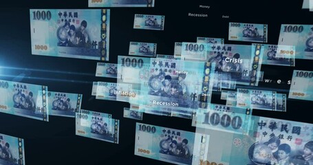 Taiwanese Dollar 1000 TWD banknote loop. Flying between transparent money Taiwan note. 3D seamless looped abstract concept of business, economy, finance, crisis and banking.