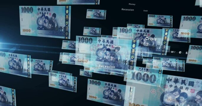Taiwanese Dollar 1000 TWD banknote loop. Flying between transparent money Taiwan note. 3D seamless looped abstract concept of business, economy, finance, crisis and banking.