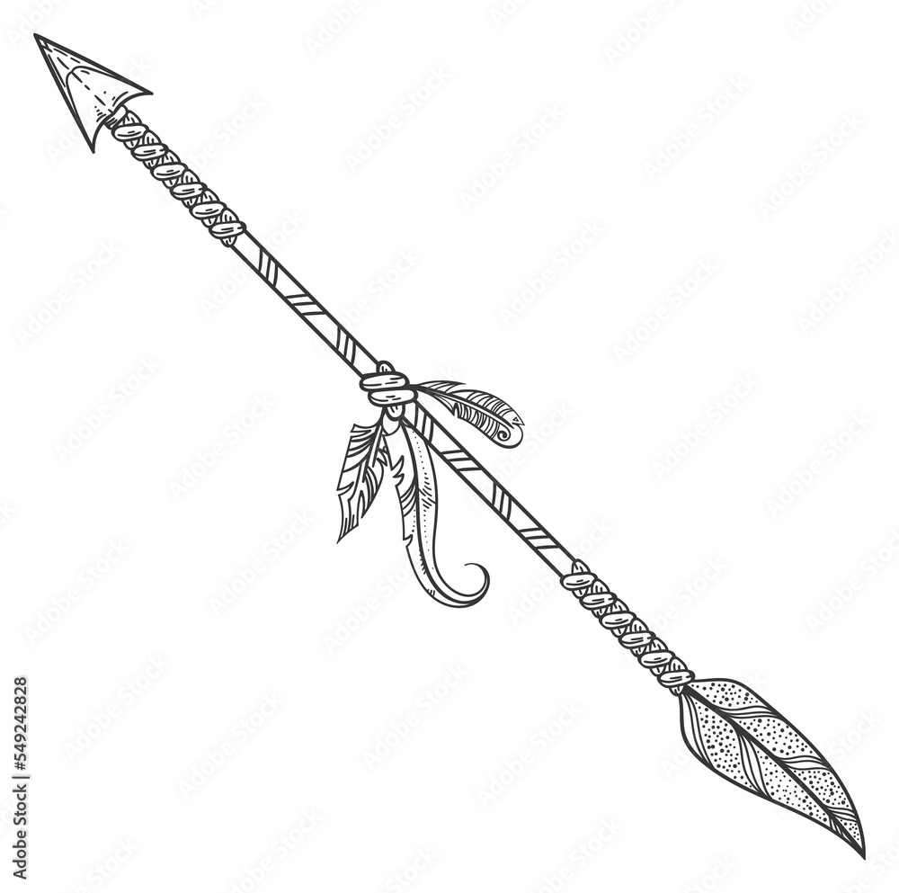 Poster boho arrow sketch. retro rustic feather weapon