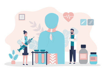 Woman before labor, huge faceless character and team of doctors. Spinal injection. Phase of epidural anesthesia. Clinic treatment, healthcare. Patient before surgery.