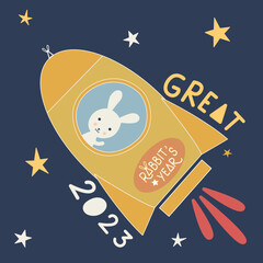 Greeting card for the new year 2023 year of the rabbit with a bunny inside a rocket launching into space