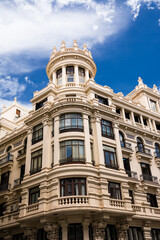 Corner of a building overlooking the Gran Via in Madrid