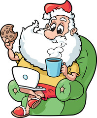 Santa Claus in an armchair with laptop and cup