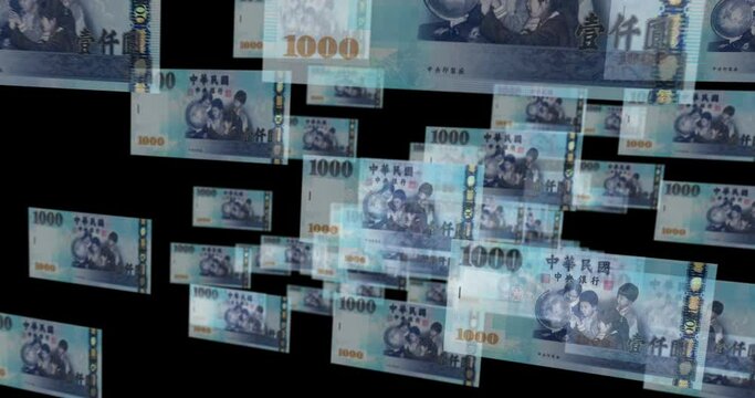 Taiwanese Dollar 1000 TWD banknote loop. Flying between transparent money Taiwan note. 3D seamless looped abstract concept of business, economy, finance, crisis and banking.