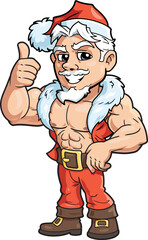 Strong Santa Claus in red costume making thumb up gesture