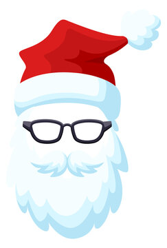 Santa costume with carnival glasses. Red hat with white beard