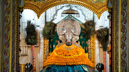 Lord Khatu Shyam ji Baba, form of Lord Krishna decorated with colorful garlands in Khatu. Shyam is...