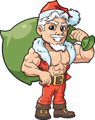 Young muscular Santa Claus in red costume with bag