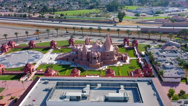 Drone shot of the BAPS Shri Swaminarayan Mandir in Chino Hills California