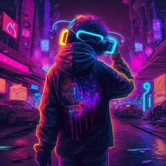 Illustration of person wearing VR headset, cyberpunk vibe. 