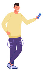 Young man pressing touchscreen on smartphone. Standing person with phone