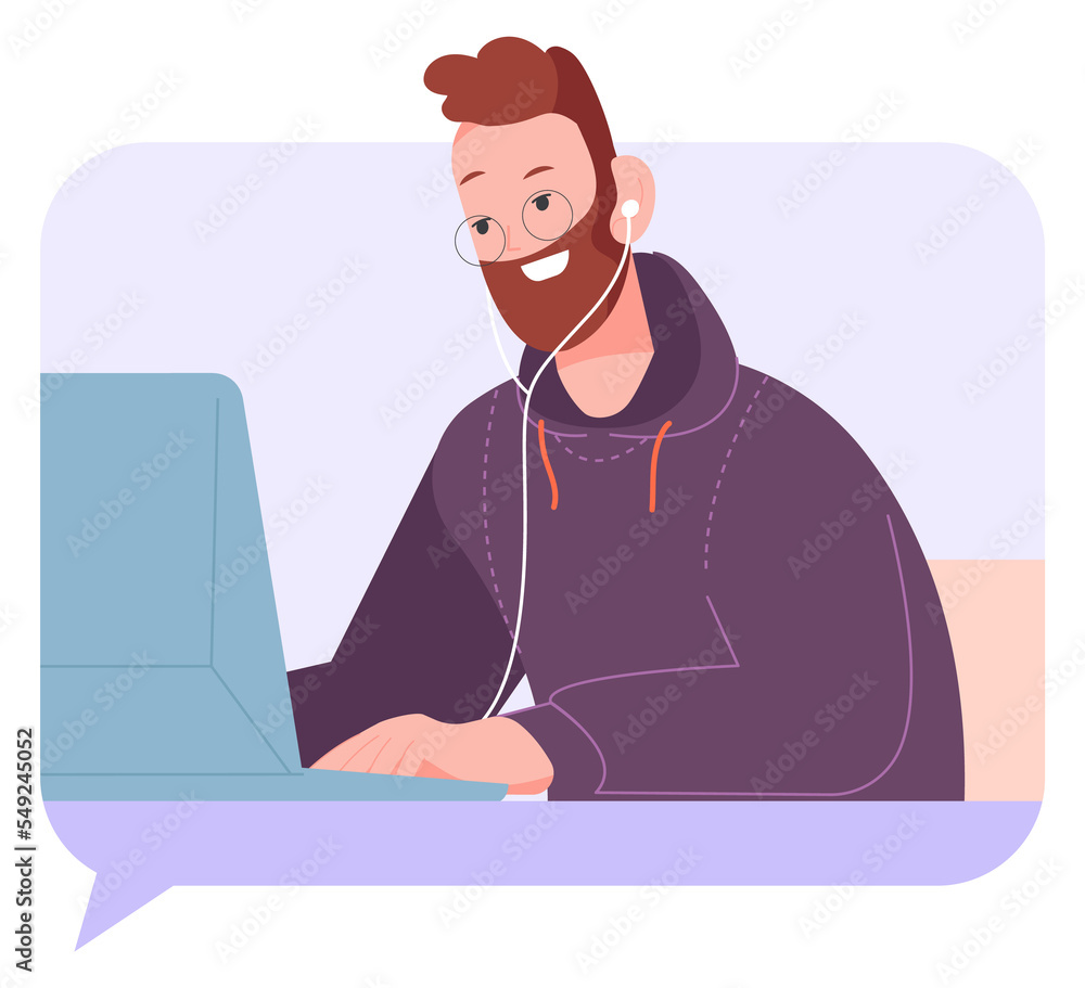 Aufkleber man working on laptop in message frame. freelancer character