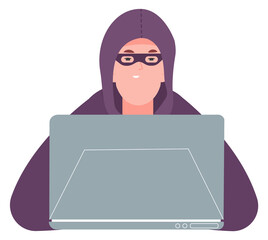 Man in hoodie working on laptop. Happy hacker. Cyber criminal