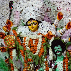 Goddess Durga with traditional look in close up view at a South Kolkata Durga Puja, Durga Puja...