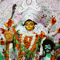 Goddess Durga with traditional look in close up view at a South Kolkata Durga Puja, Durga Puja...