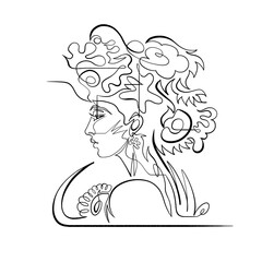 Water nymph woman head with flowers, corals and seaweed, One Line Drawing. Continuous Line vector portrait of mermaid