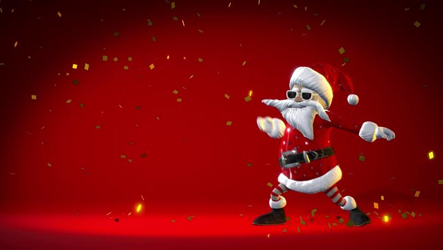Christmas party. Cheerful Santa Claus is dancing on a red background with golden confetti. Animated greeting card with copy space for text. Winter holiday background.