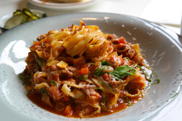 Fresh and thick tomato sauce meat pasta bolognese