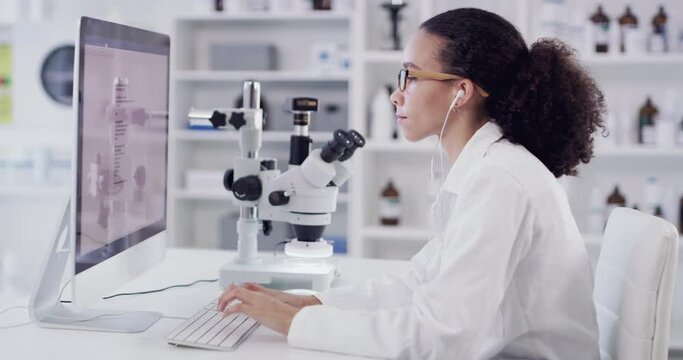 Research, science and music with black woman in laboratory with microscope and computer for medicine, vaccine and biotechnology. Analytics, innovation and idea with scientist listening to earphones