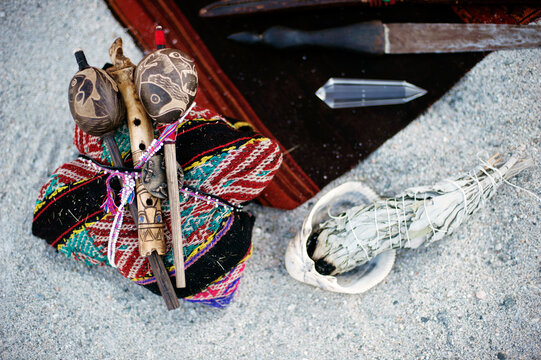Shamanic ritual mesa. Photograph of a shamans traveling altar that has symbolic items and ritual tools. 