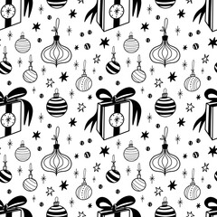 Christmas doodle seamless pattern. Gifts and Christmas balls. Holiday tile background. Doodle outline ornamental design elements.