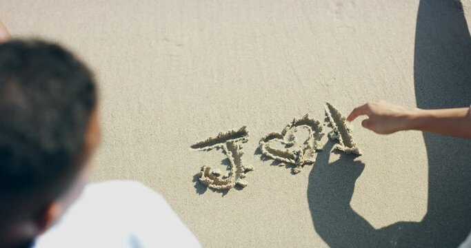 Writing, sand and couple at the beach for a date, holiday and relax from above. Nature, summer and man and woman with letter by the sea for love, travel and memory on vacation by the ocean together