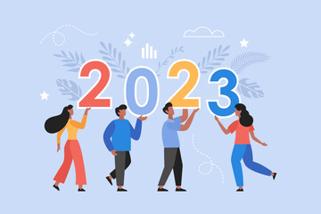 New Year 2023 business concept. Modern vector illustration of people team holding 2023 numbers