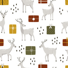 Cute hand-drawn deer with gift boxes in Scandinavian style. Seamless vector pattern with winter wild animal