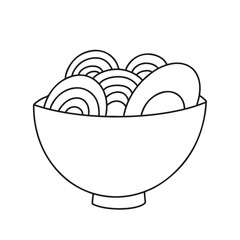 ramen noodles soup with half egg in a bowl. Traditional asian food dish. Black ink outline doodle, contour drawing. Vector illustration isolated on white background