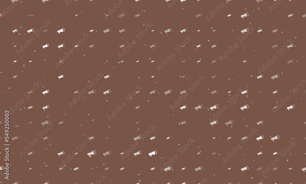 Poster seamless background pattern of evenly spaced white megaphone symbols of different sizes and opacity.