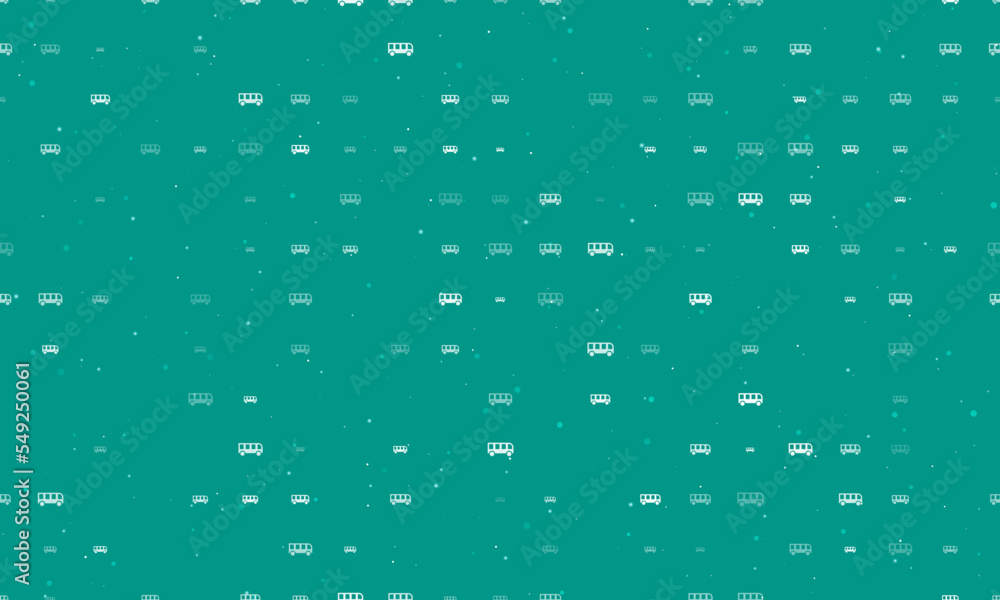 Poster Seamless background pattern of evenly spaced white bus symbols of different sizes and opacity. Vector illustration on teal background with stars