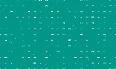 Seamless background pattern of evenly spaced white bus symbols of different sizes and opacity. Vector illustration on teal background with stars