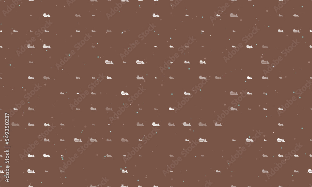 Poster seamless background pattern of evenly spaced white bulldozer symbols of different sizes and opacity.