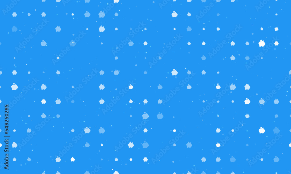 Poster seamless background pattern of evenly spaced white piggy bank symbols of different sizes and opacity