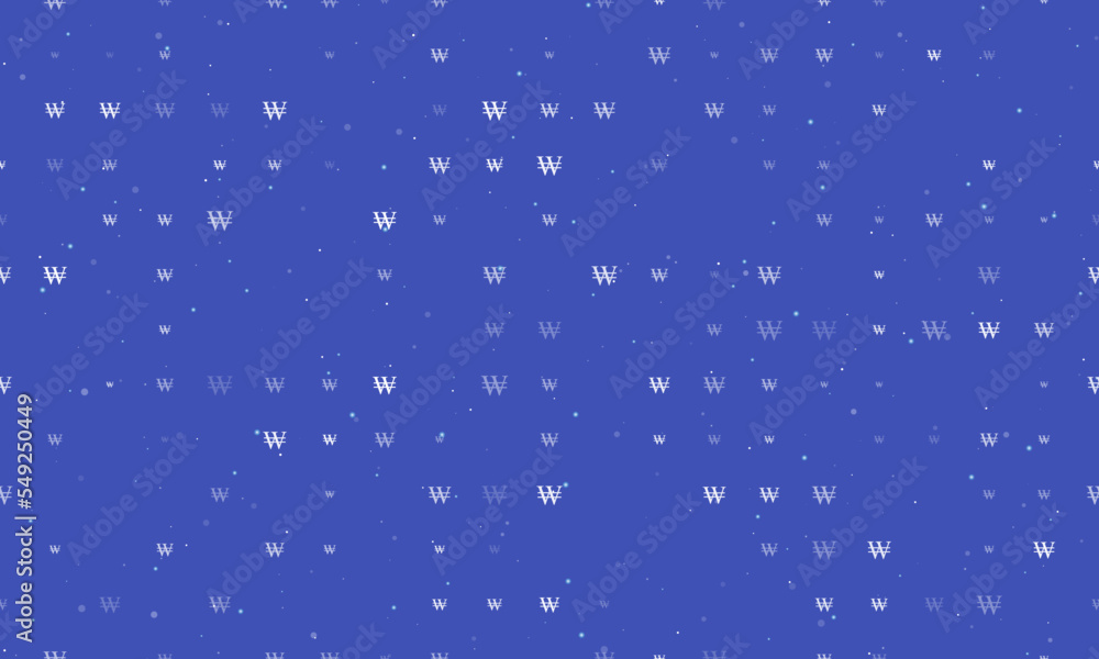 Poster seamless background pattern of evenly spaced white korean won signs of different sizes and opacity. 