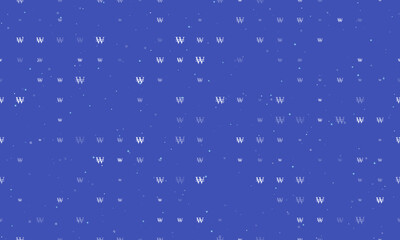 Seamless background pattern of evenly spaced white Korean won signs of different sizes and opacity. Vector illustration on indigo background with stars