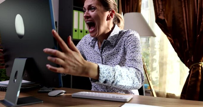 Angry businesswoman screaming at office computer screen 4k movie slow motion