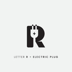 Letter R plus negative space electric plug logo icon