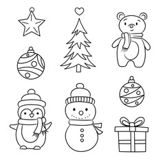 Cute christmas line art illustrations, holiday decoration