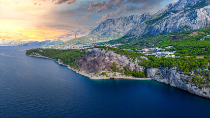 Attractive morning seascape of Adriatic sea. Marvelous summer view of small beach in famous resort...